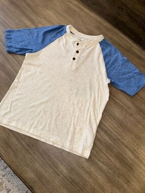 Old Navy Cream Henley Tee with Blue Raglan Sleeves